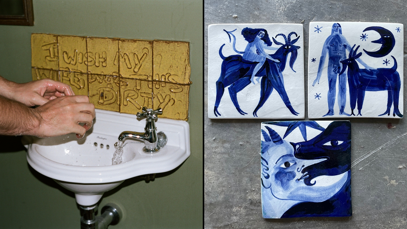 Collage of a person washing hands above a sink with a wall decoration that reads "I WISH MY WIFE WAS THIS DIRTY" and three blue and white illustrated tiles depicting human figures and goats.