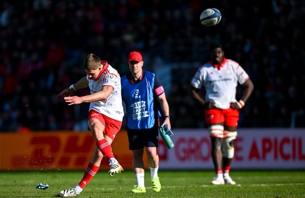 11 January 2026; Jack Crowley of Munster kicks a penalty try during the Investec Champions Cup match between RC Toulon and Munster at Stade Felix Mayol in Toulon, France. Photo by Shauna Clinton/Sportsfile