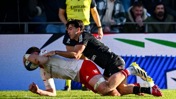 11 January 2026; Jack O'Donoghue of Munster scores his side's second try during the Investec Champions Cup match between RC Toulon and Munster at Stade Felix Mayol in Toulon, France. Photo by Shauna Clinton/Sportsfile