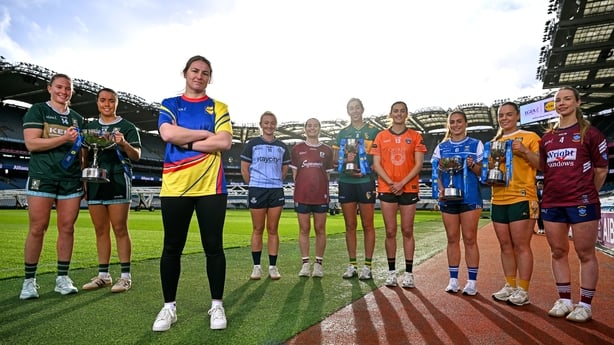 20 January 2026; In attendance, at Croke Park in Dublin, to mark the launch of the 2026 Lidl Ladies National Football Leagues is Olympic gold medallist and two-time undisputed world champion boxer Katie Taylor, centre left, with Ladies footballers, from left, Kerry footballer Síofra O'Shea, Kerry fo