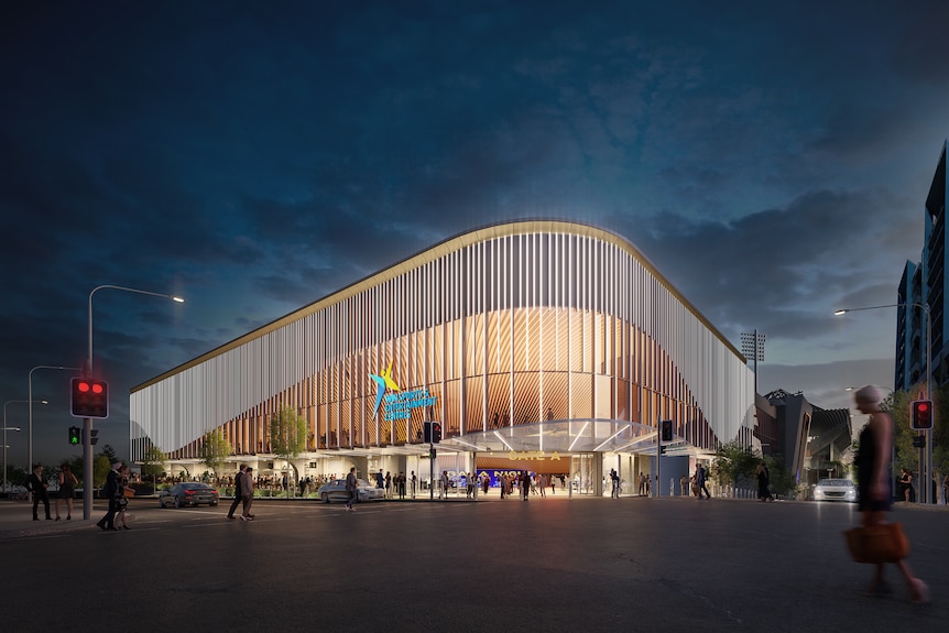 An artist's impression of the exterior of a modern entertainment centre.