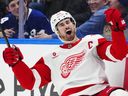 Dylan Larkin of the Detroit Red Wings  celebrates after scoring his game-winning goal against the Toronto Maple Leafs in overtime on Jan. 21, 2026.