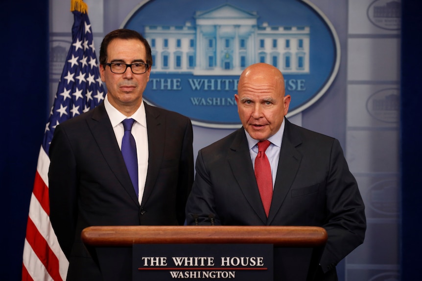 Steven Mnuchin and H R McMaster address the White House press corps.