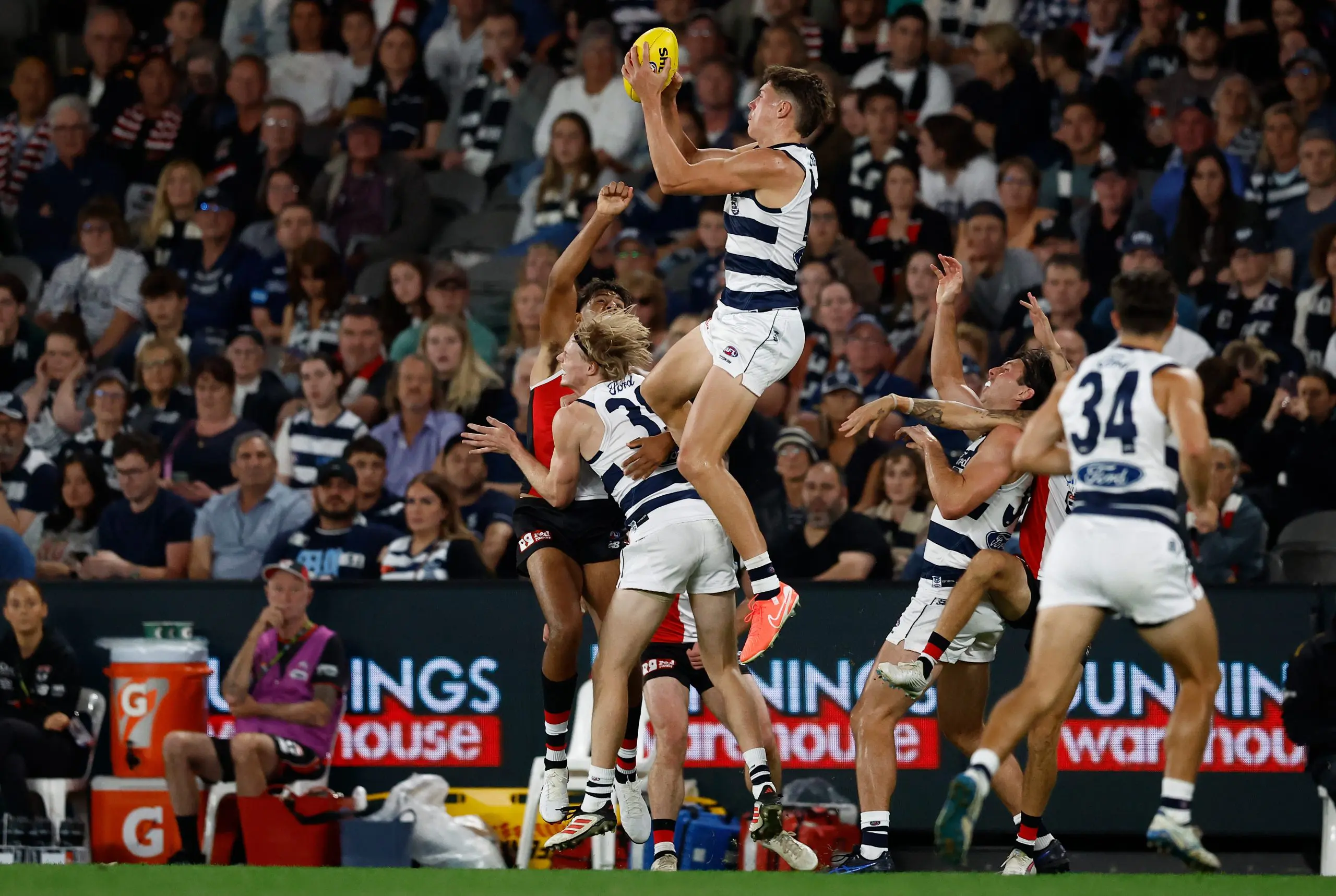 MELBOURNE, AUSTRALIA - MARCH 22: Connor O'Sullivan of the Cats takes a high mark over teammate Zach Guthrie during the 2025 AFL Round 02 match between the St Kilda Saints and the Geelong Cats at Marvel Stadium on March 22, 2025 in Melbourne, Australia. (Photo by Michael Willson/AFL Photos)