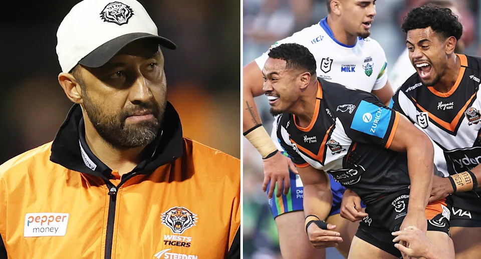 Pictured left to right, Wests Tigers coach Benji Marshall, Sione Fainu and Jahream Bula.