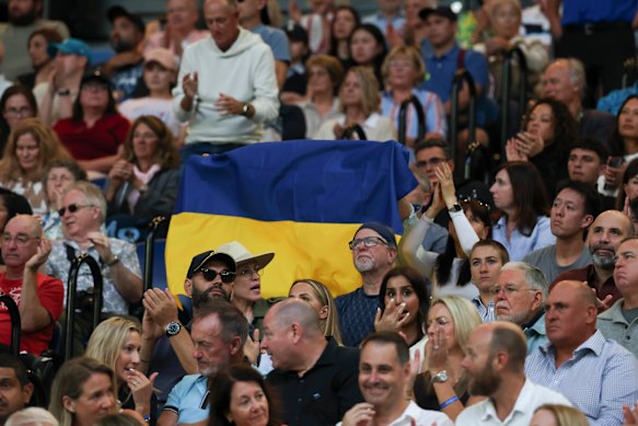 A Ukrainian flag seen in the crowd for the women’s semi-final between Sabalenka and Svitolina.