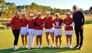 The Iowa State women's golf team celebrates a win at the Bama Beach Bash in Gulf Shores, Alabama.