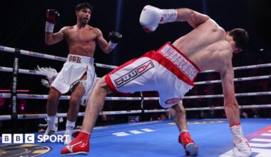 Josh Kelly looks on as Bakhram Murtazaliev falls
