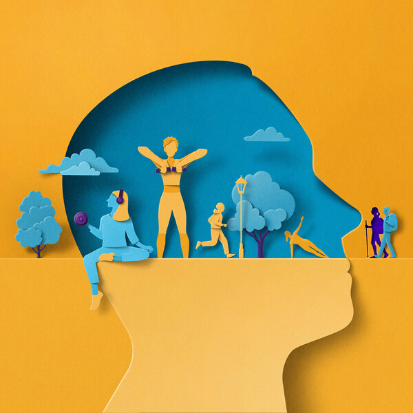 A cut paper illustration of a large head in profile, overlaid with various figures exercising outdoors.