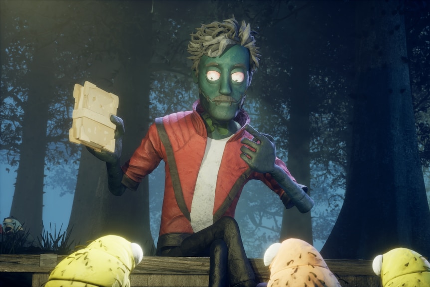 A film still of an animated zombie Taika Waititi, brandishing a book at alien insects listening carefully.