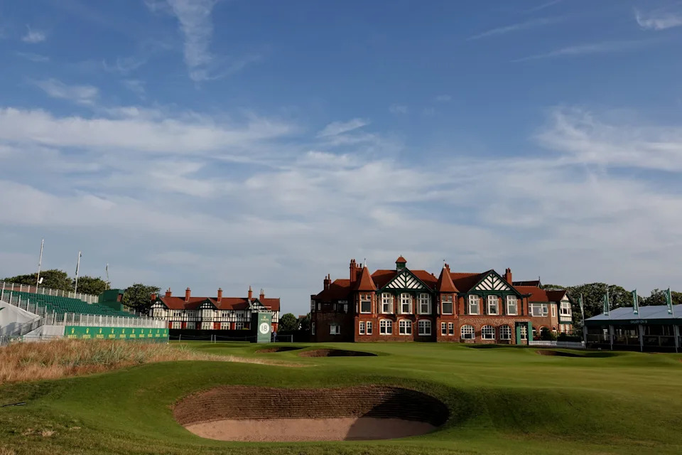 A general view of the 18th green and clubhouse during the first round of the Senior Open played at Royal Lytham & St. Annes on July 25, 2019 in Lytham St Annes, England.