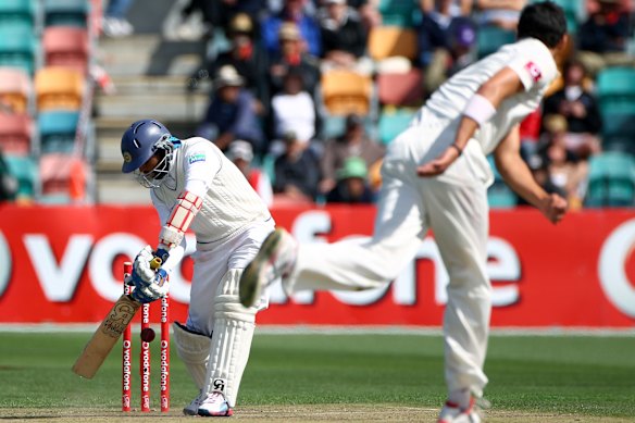 Starc cleans up Tillakaratne Dilshan in Hobart. He was rotated out of the team for the next Test.