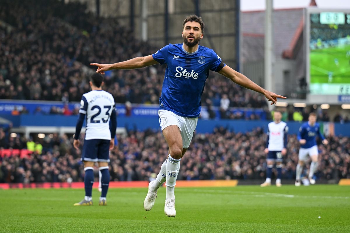Dominic Calvert-Lewin of Everton celebrates scoring his team's first goal during the Premier League match between Everton and Tottenham Hotspur, his last strike for the club. Photo by Michael Regan/Getty Images
