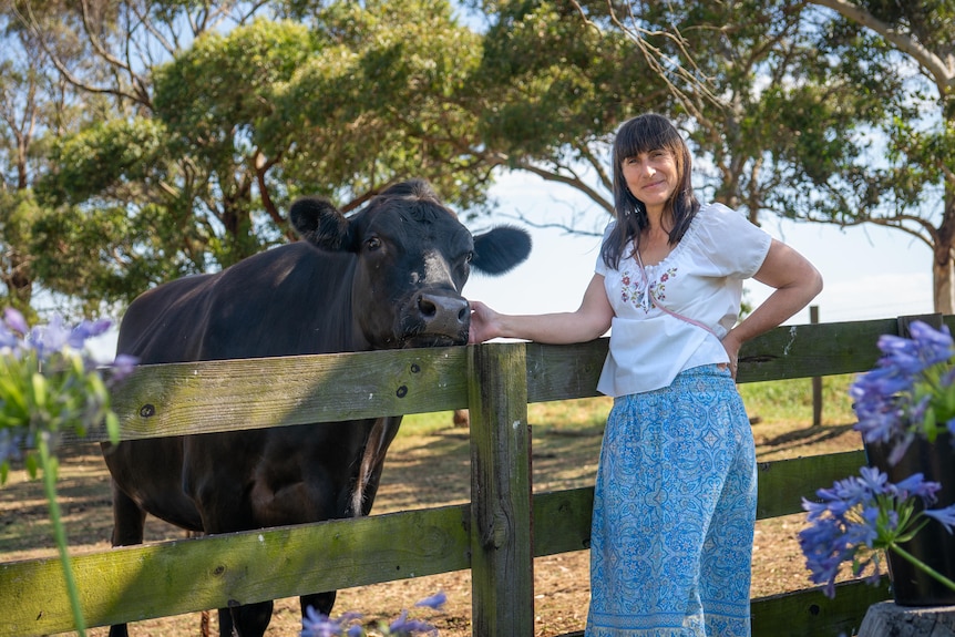 A dark-haired woman in a dress leans against a wooden fence, behind which stands a dark-coloured cow.