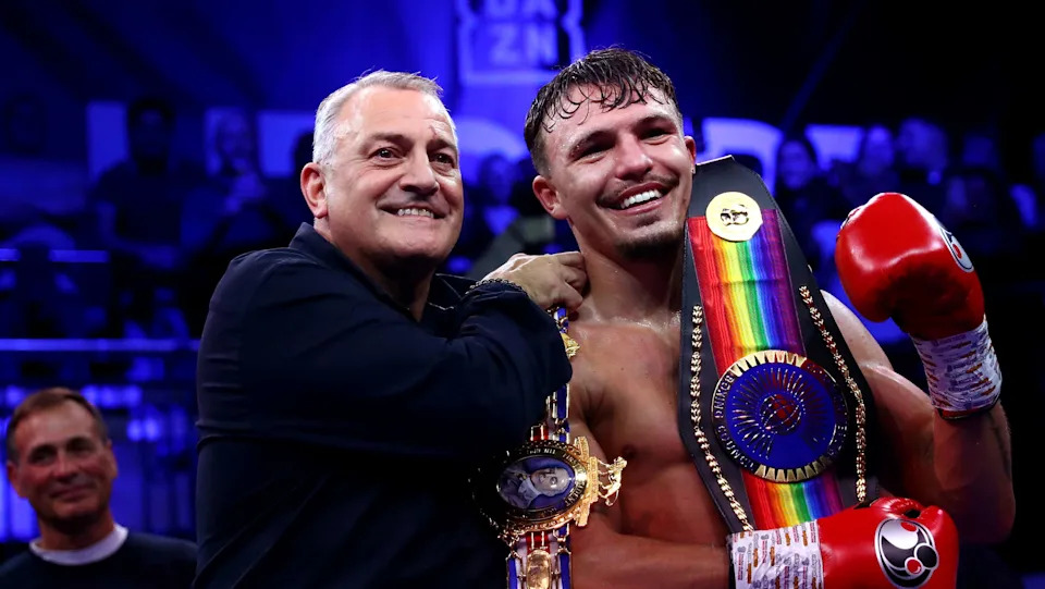 LONDON, ENGLAND - OCTOBER 17: George Liddard celebrates victory with his belts and family after the British & Commonwealth Middleweight Titles fight between Kieron Conway and George Liddard at York Hall on October 17, 2025 in London, England. (Photo by Cameron Howard/Getty Images)