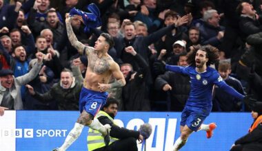 Enzo Fernandez and Marc Cucurella celebrate the 92nd-minute winner by Chelsea against West Ham