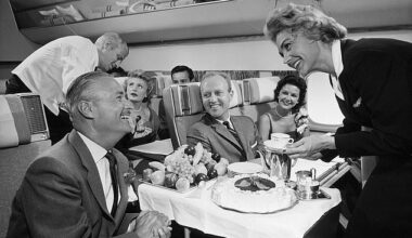 Caviar, sir? During the 'golden age' of flying - in the 1950s and 1960s, first class passengers could expect hand-carved roasts at 30,000ft...and the chance to enjoy a cigarette and a drink in the cocktail bar afterwards. Pictured: passengers onboard a Scandinavian Airlines flight in he 1950s