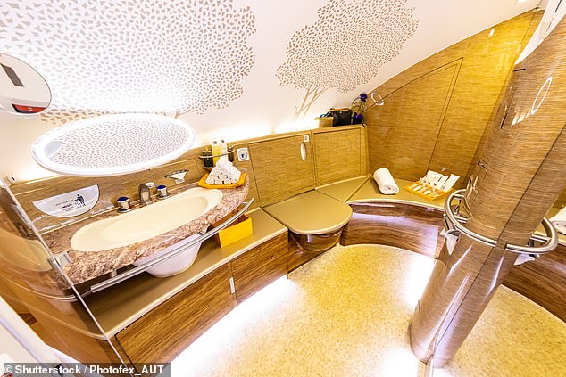 Restroom chic: A luxury First Class bathroom with shower onboard of Emirates Airlines Airbus A380 upper deck in 2024