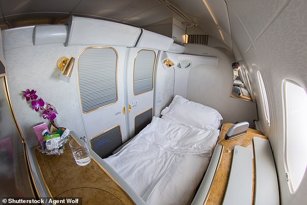 First Class travellers can often adjust lighting, temperature and even the firmness of their mattress. Pictured: An Emirates Airbus A380 interior