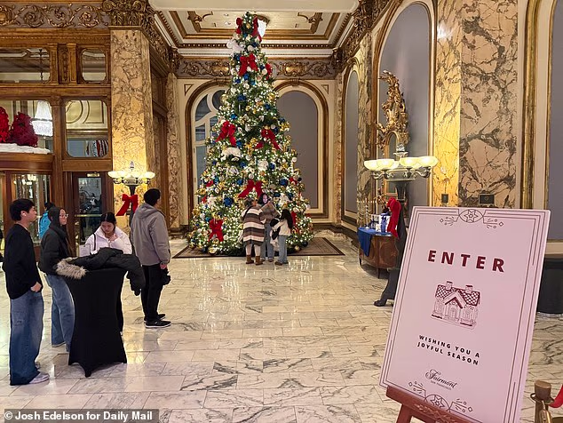 The lobby of the luxury hotel was decorated for Christmas