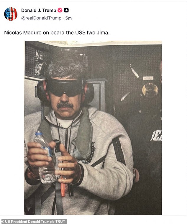 Maduro pictured after his capture in a photo shared by Trump on his TruthSocial website