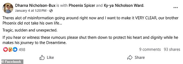 The Facebook post by Dharna Nicholson-Bux slamming reporting of Spicer's death