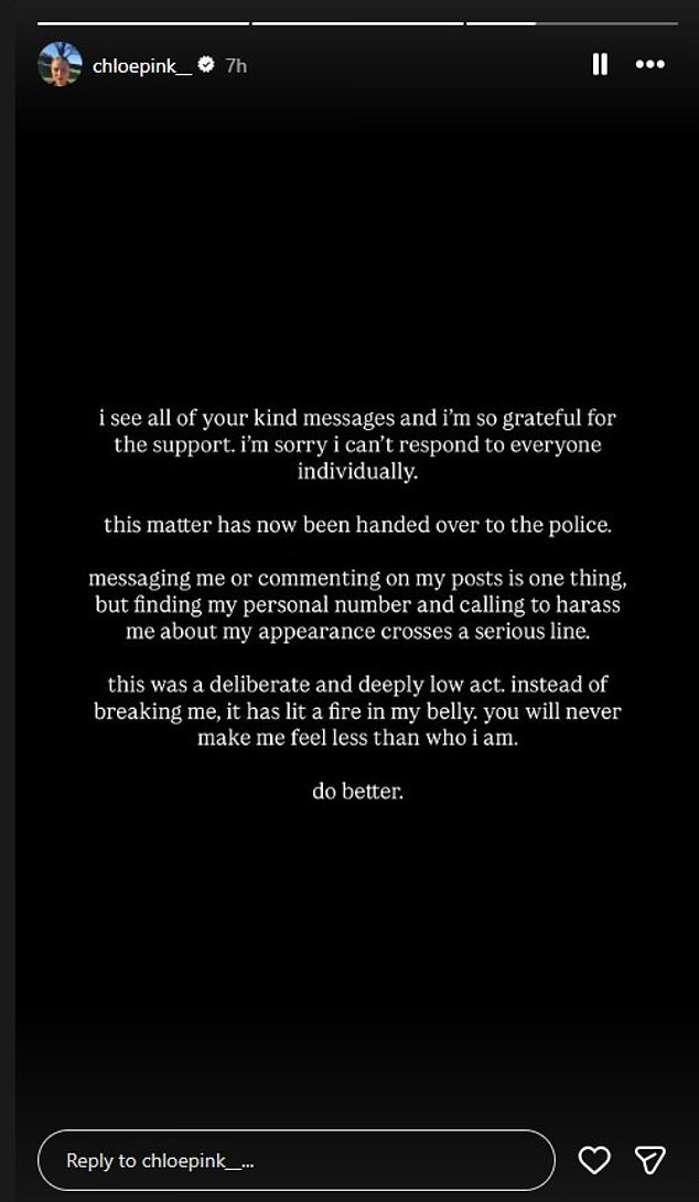 The wife of Toby Pink revealed the abusive message has been handed over to authorities to investigate