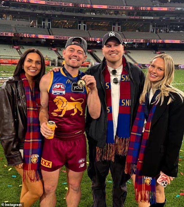 An insider says that Lachie and Tess's alleged affair went on for three months - starting around the time of the 2025 AFL Grand Final. (Pictured: Tess, left, and her husband Ben Crosley, second from right, with Lachie, second from left, and Jules Neale, right, after the game)