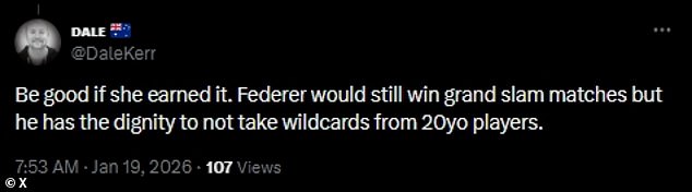 This fan claimed Roger Federer - who is 44 years old - would not follow Williams' example and take a spot away from a younger star