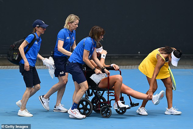 Helping her opponent Marina Stakusic leave the court in a wheelchair wasn't how Priscilla Hon (right) envisioned the scene when she finally returned to the second round of the Australian Open for the first time since 2020