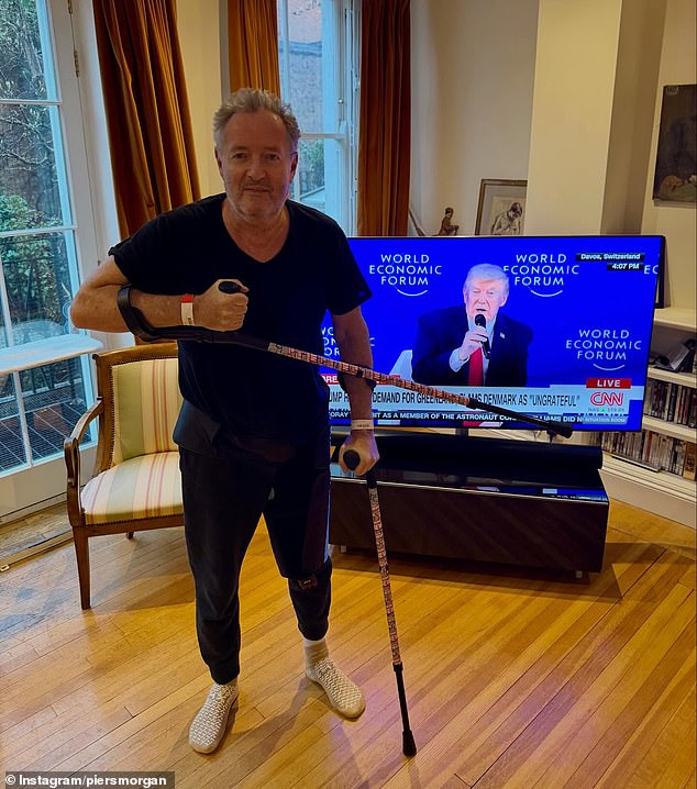 Piers Morgan got back on his feet on Wednesday after breaking his hip, with the help of £300 bespoke crutches gifted to him by Amanda Holden