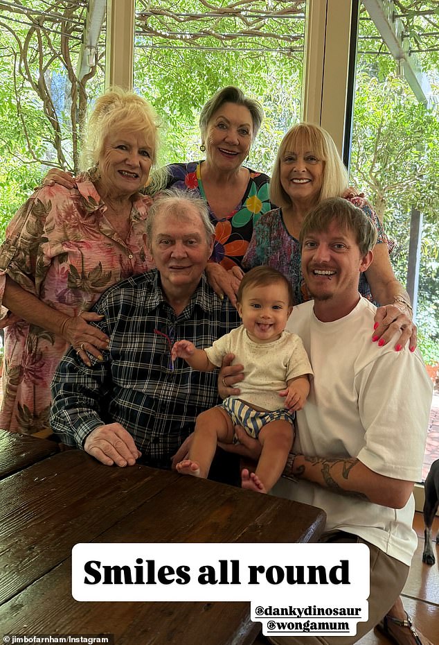 John Farnham made a rare appearance at a family gathering on Saturday, as he continues recovering from cancer surgery. The iconic rocker, 76, beamed as he posed with family and friends, including his son James Farnham and television star Denise Drysdale. All pictured