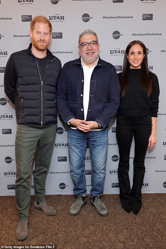 The royal couple posed for photos with Amy Redford, daughter of the late Robert Redford who founded the Sundance Institute that runs the festival