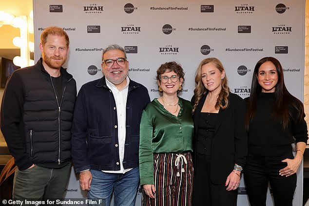 (From left to right) Prince Harry, Director of the Sundance Film Festival, Eugene Hernandez, Alysa Nahmias, Amy Redford and Meghan at the festival