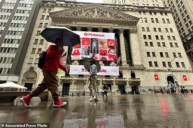 Banners for Pinterest, displayed to mark the fifth anniversary of the company's listing, hang on the front of the New York Stock Exchange