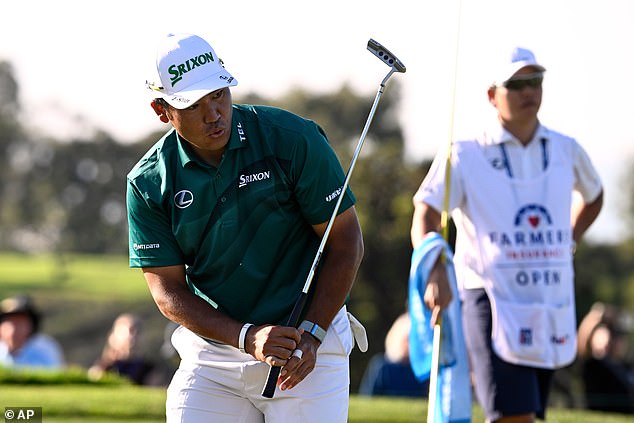 Hideki Matsuyama, of Japan, reacts after missing an eagle putt on the ninth hole on the North Course at Torrey Pines during the first round of the Farmers Insurance Open tournament