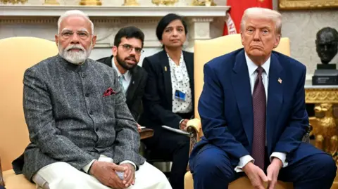 AFP via Getty Images US President Donald Trump speaks with the press as he meets with Indian Prime Minister Narendra Modi in the Oval Office of the White House in Washington, DC, on February 13, 2025