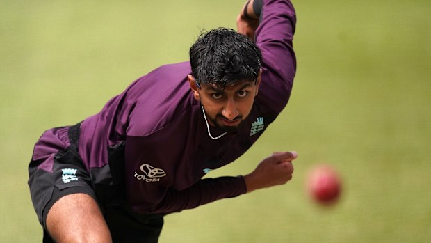 England's Shoaib Bashir bowls during a nets session 