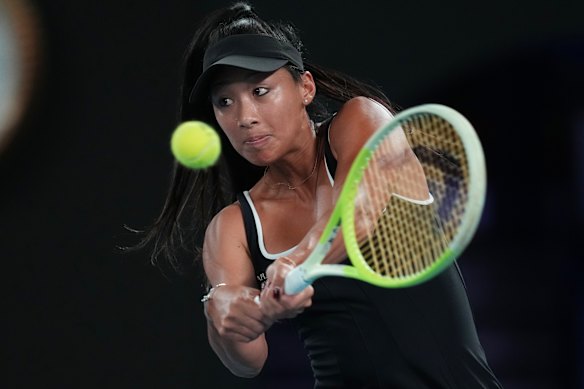 Priscilla Hon of Australia plays a backhand return to Iva Jovic of the U.S.