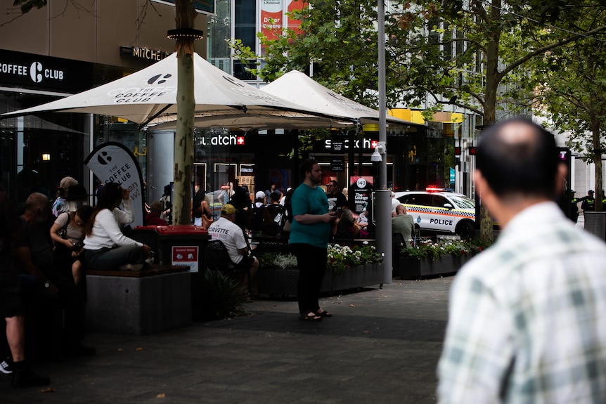 A police car parked in a pedestrian mall seen from a distance.