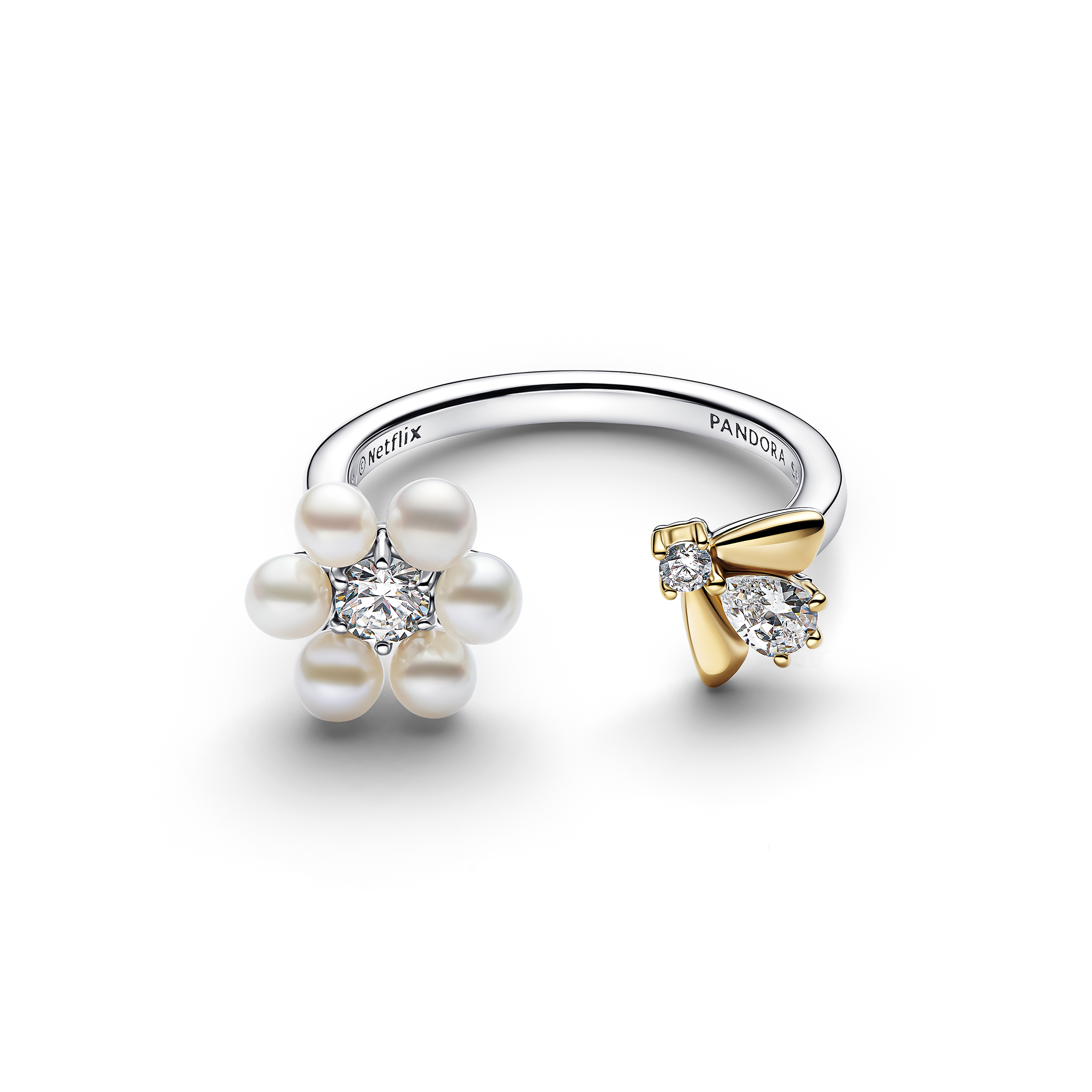 Silver ring with flower made of pearls and bee made of gold and cubic zirconia 