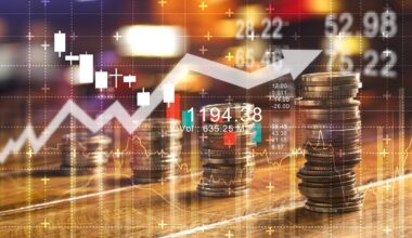 Finance and business concept. Investment graph and rows growth and of coins on table
