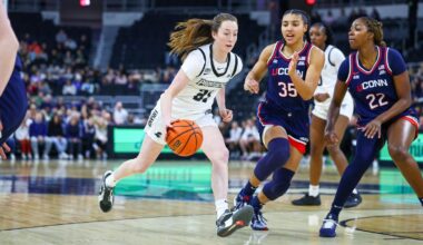 Orlagh Gormley dribbling the ball with a defender on her at the AMP during a conference game against UConn.