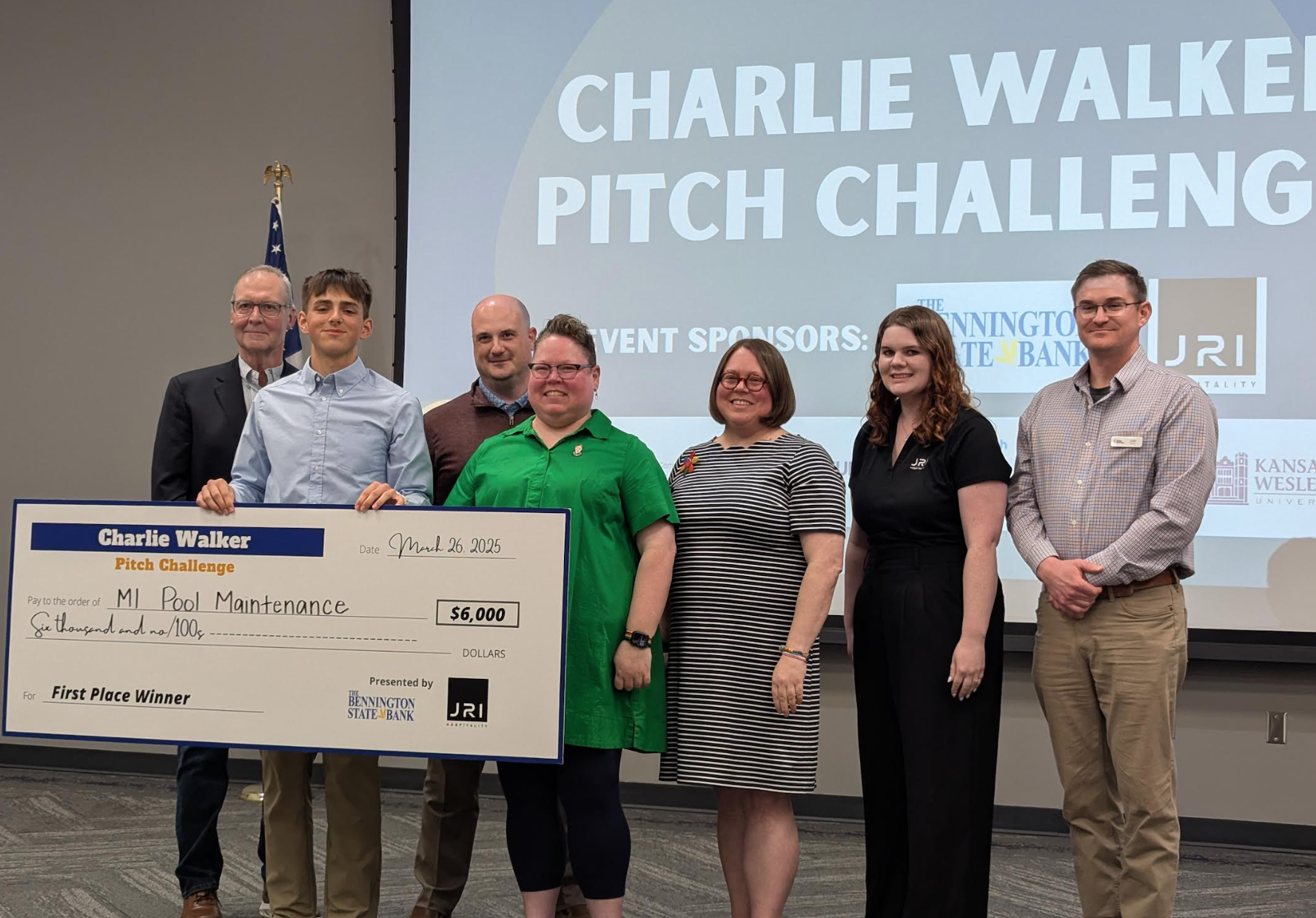 Marshall Zuccarelli achieves 1st place and $6,000 for business M1 Pool Maintenance at 2025, 4th annual Charlie Walker Pitch Challenge. Photo provided by Salina Area Chamber Commerce