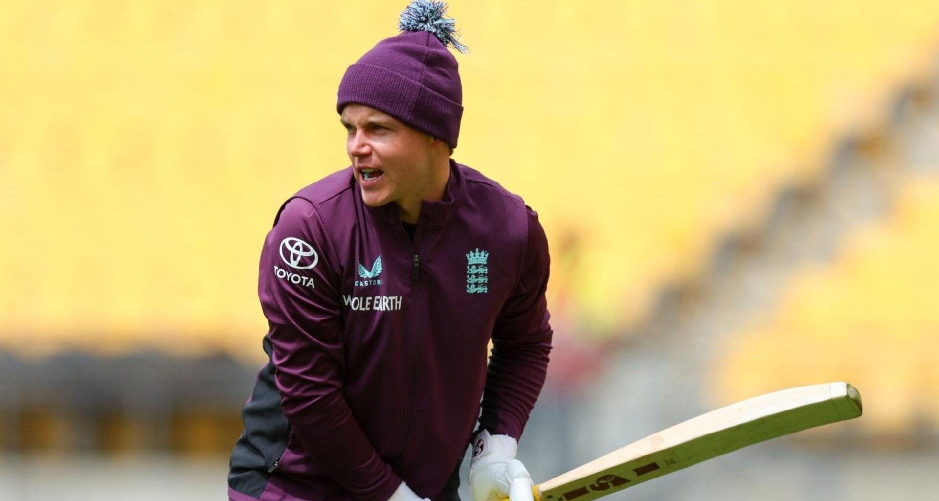 Sam Curran batting in wooly England hat