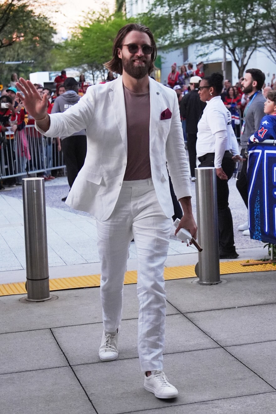 Florida Panthers defenseman Aaron Ekblad arrives for the NHL Winter Classic outdoor hockey game between the Florida Panthers and the New York Rangers, Friday, Jan. 2, 2026, in Miami. (AP Photo/Lynne Sladky)