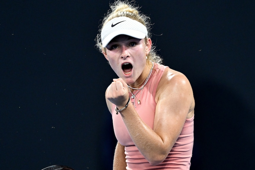 Emerson Jones pumps her fist during a match at the Brisbane International.