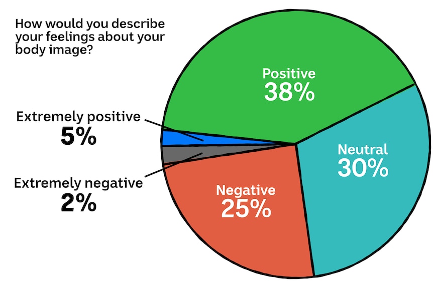 A pie chart with test 'how would you describe your feelings about your body image?' 38% positive, 30% neutral, 25% negative