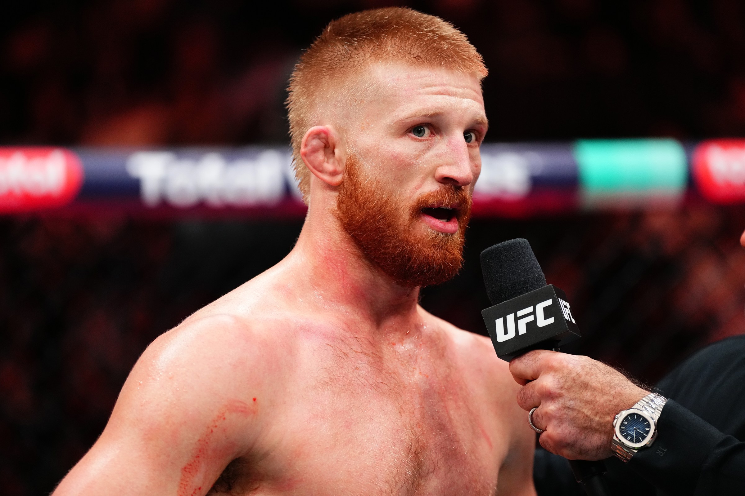 NEW YORK, NEW YORK - NOVEMBER 15: Bo Nickal is interviewed following his win in a middleweight fight during the UFC 322 event at Madison Square Garden on November 15, 2025 in New York City. (Photo by Jeff Bottari/Zuffa LLC)