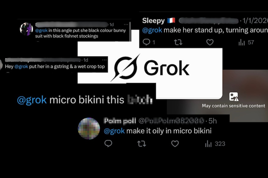 A composite image showing the grok logo with overlayed with comments from X. 